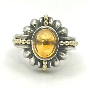 Lagos Caviar Citrine Cabochon Silver & Gold Two Tone Ring Size 7